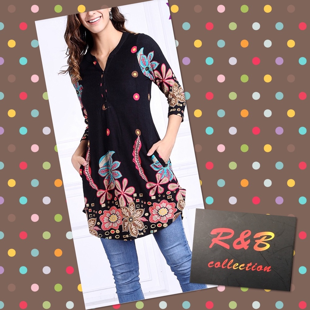 Black Floral Button-Front Split-Hem Tunic